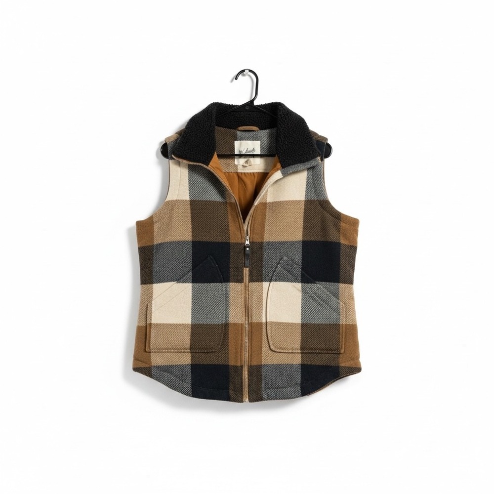 Woolrich Womens Plaid Wool Blend‎ Sherpa Collar Vest Brown Navy 18582 L